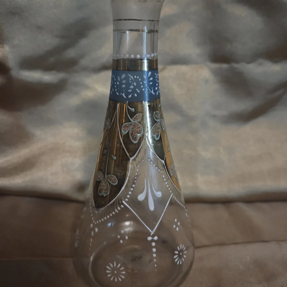 Vintage Bohemian Hand-Painted Art Glass Vase Gold Gilt Enamel Floral Bud